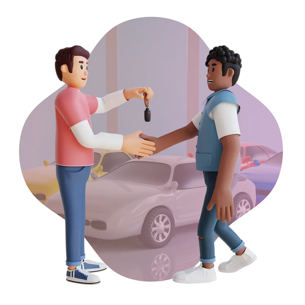 Passing or handing over car keys to mechanic in cartoon form